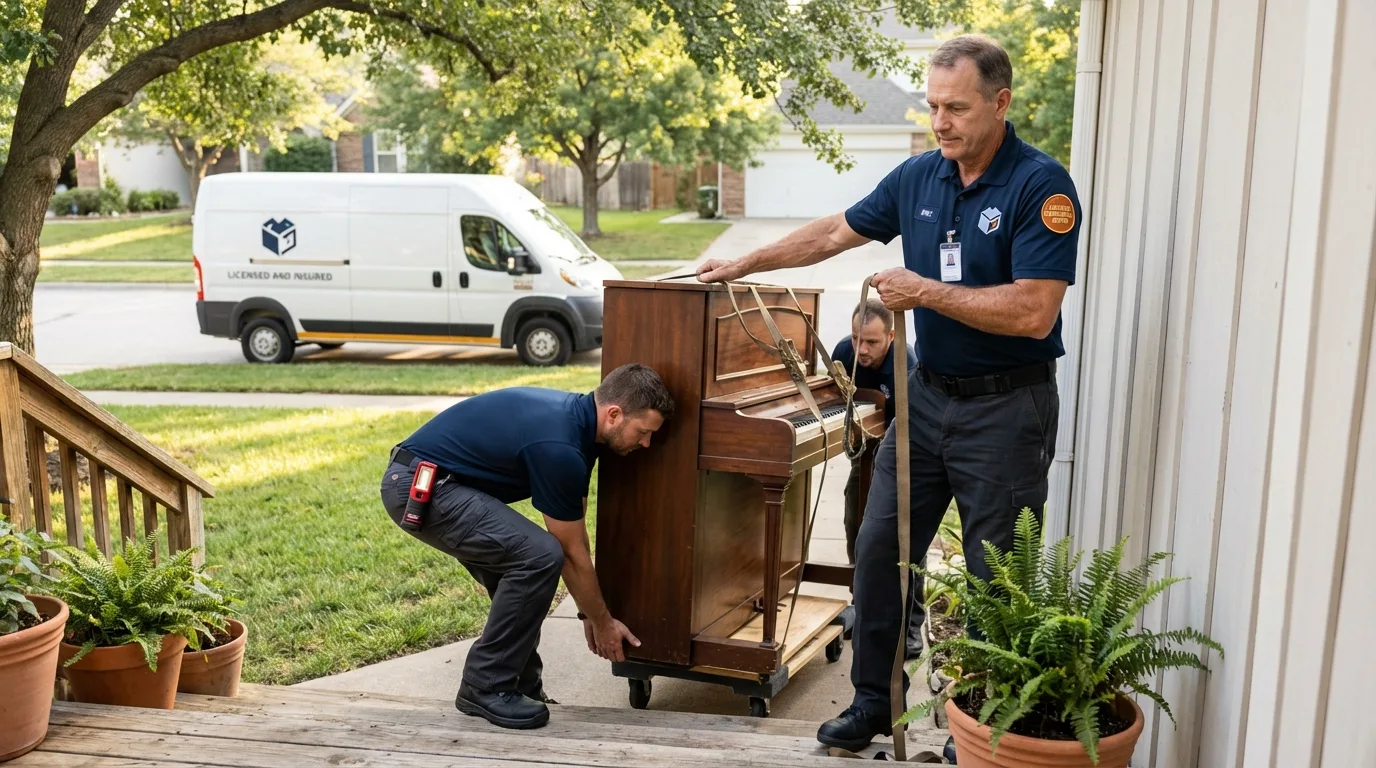 Licensed piano movers securing grand piano in Harwich Port, MA