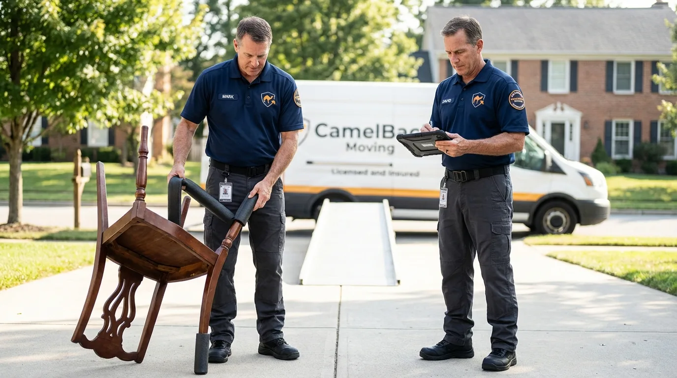 Movers inspecting furniture for damage prevention before loading in Harwich Port, MA