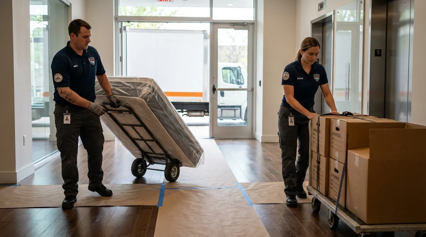 Professional apartment movers loading elevator in Harwich Port, MA
