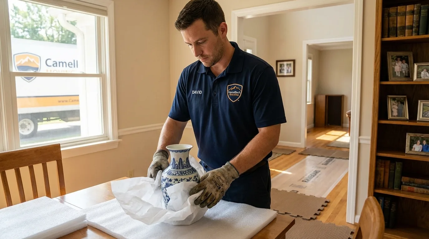 Professional crew carefully wrapping antique vase for senior downsizing move in Harwich Port, MA
